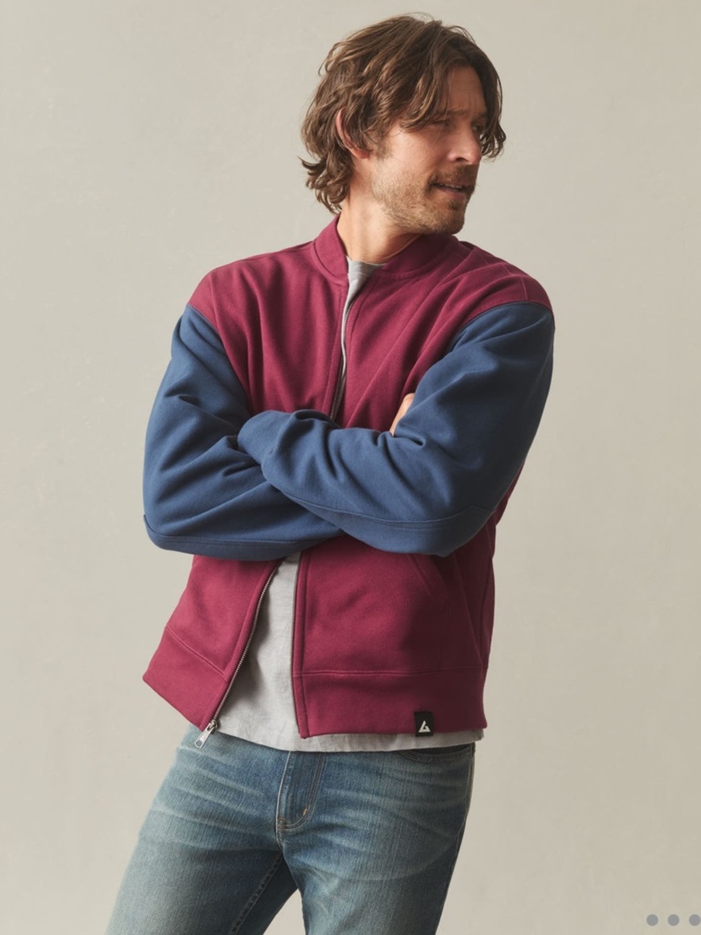 American Giant Mens Fleece Colorblock Bomber Jacket maroon navy blue sweatshirt